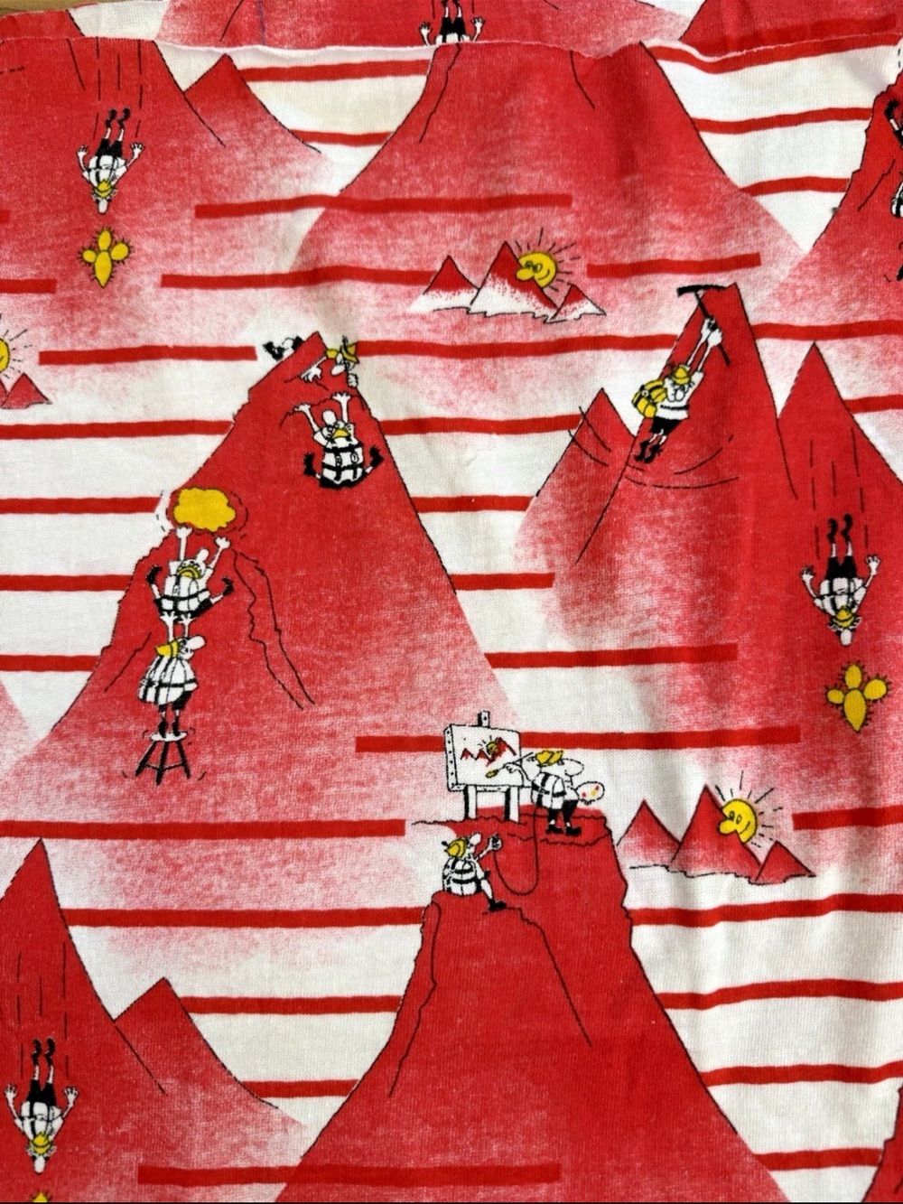 Vintage Novelty Knit Alpine Mountain Hikers Climbers Red Apparel Fabric 60" Wide